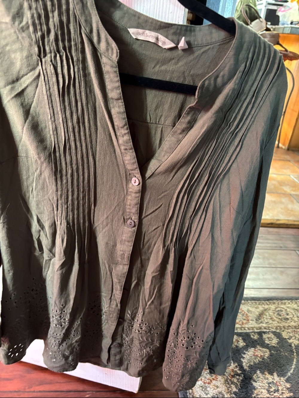 Soft Surroundings Olive Green Pintuck Button-Front Blouse